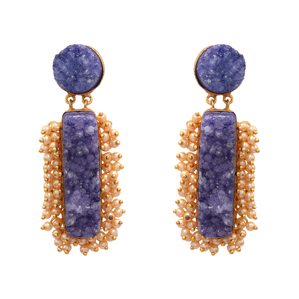 Tarini- Unpolished Stone Embellished With Mini Pearls Dangler Earring(Blue)