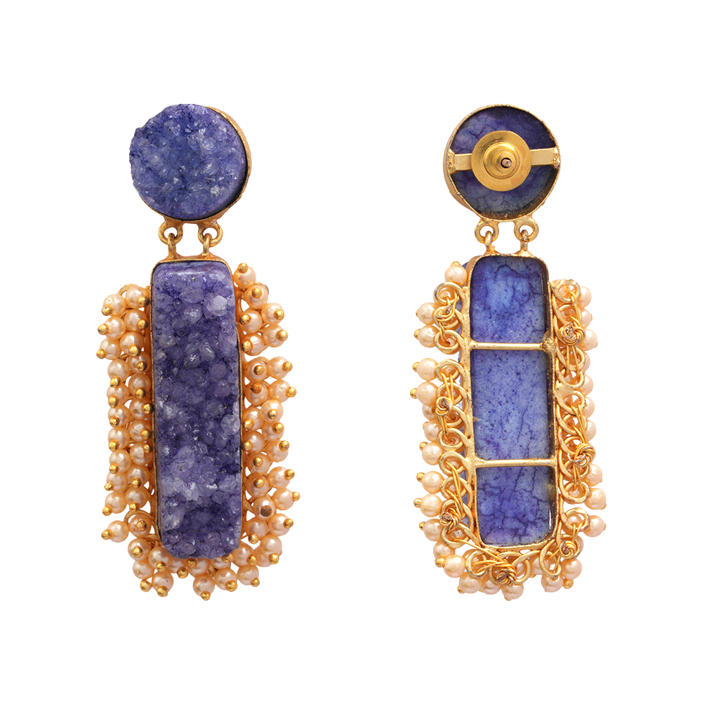 Tarini- Unpolished Stone Embellished With Mini Pearls Dangler Earring(Blue)