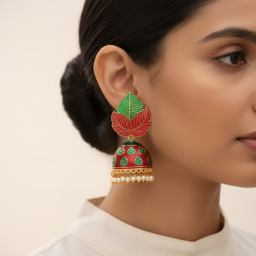 Riva- Hanging Pearls Enameled Jhumka Earrings(Multicolored)