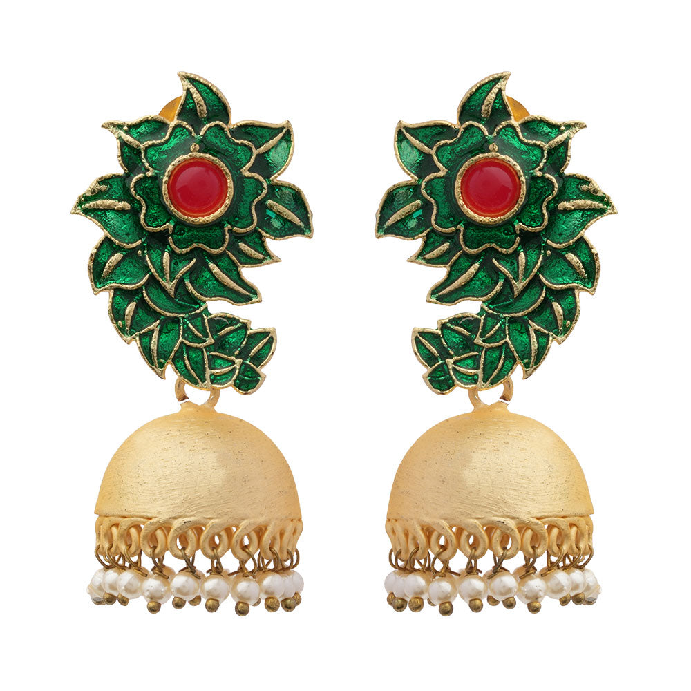 Niva- Hanging Pearl Jhumka Earrings(Green)