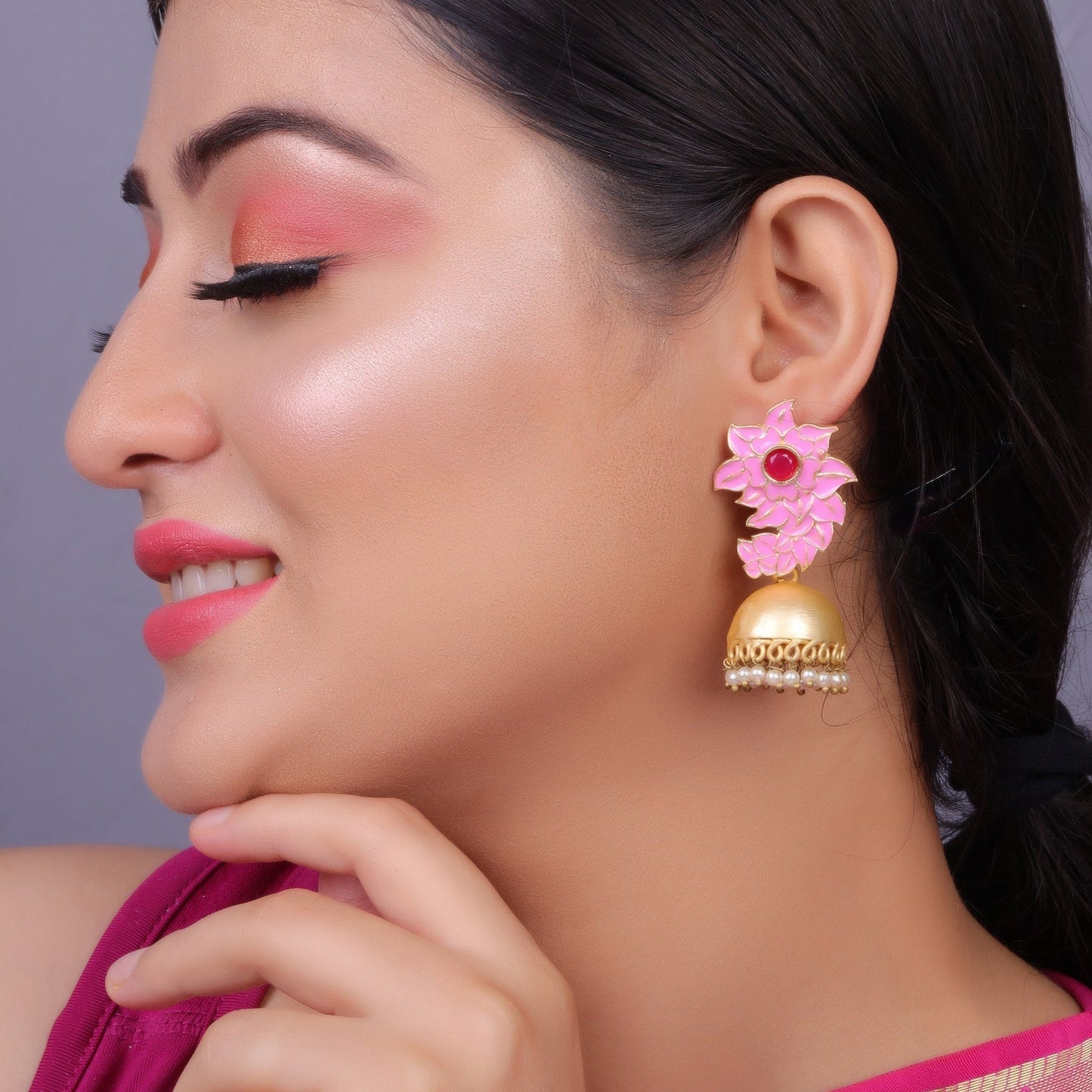 Niva- Hanging Pearl Jhumka Earrings(Pink)