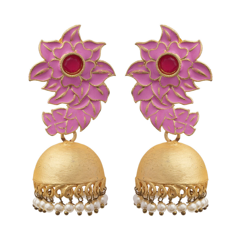 Niva- Hanging Pearl Jhumka Earrings(Pink)
