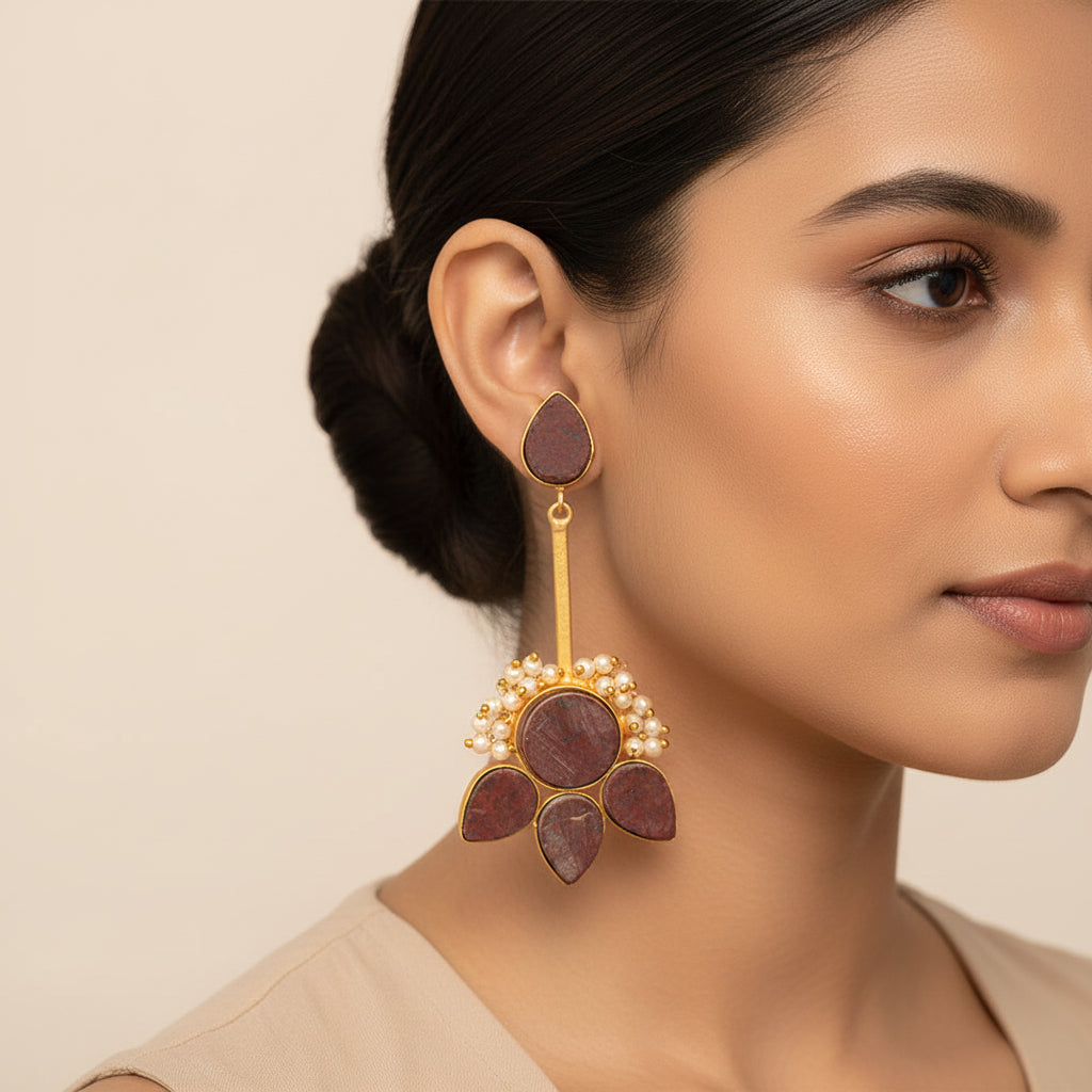 Ziyana- Stone Studded Baby Pearl Dangler Earrings(Red)
