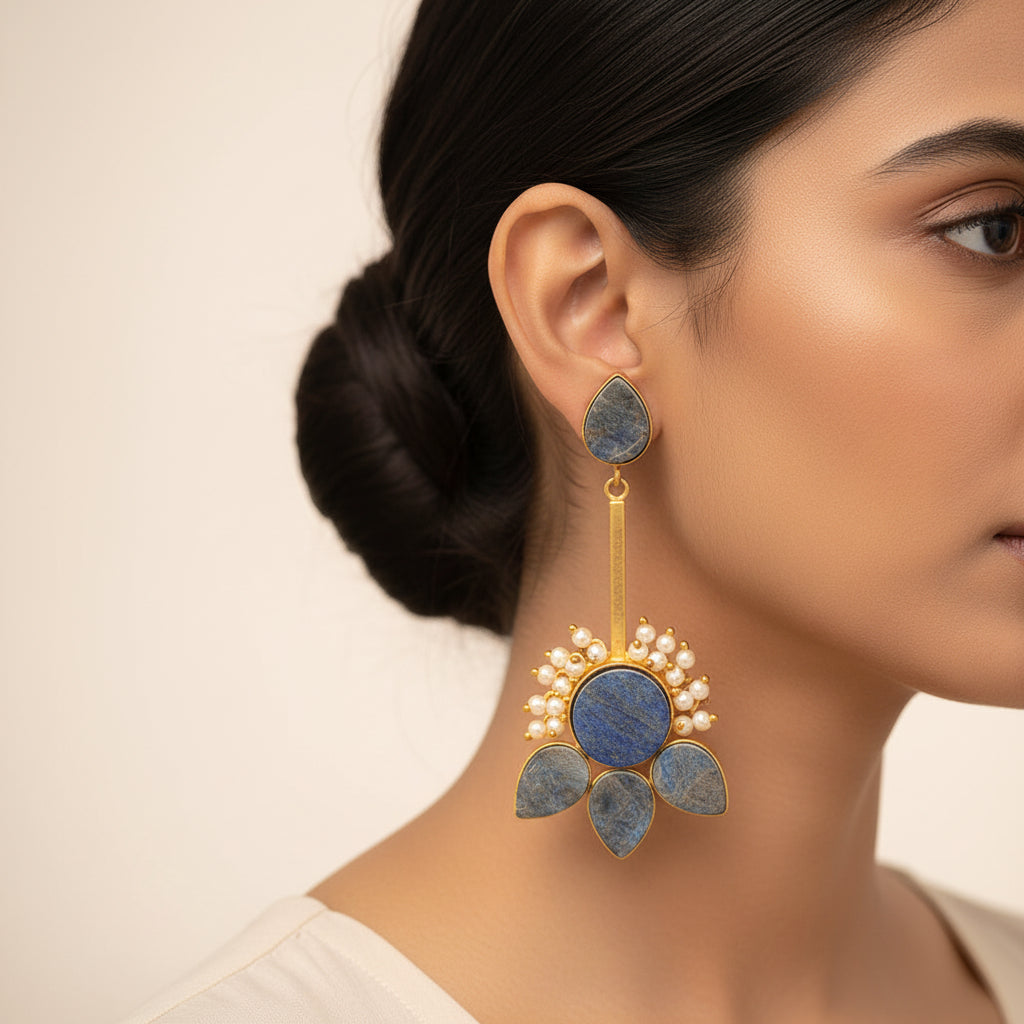 Ziyana- Stone Studded Baby Pearl Dangler Earrings(Blue)