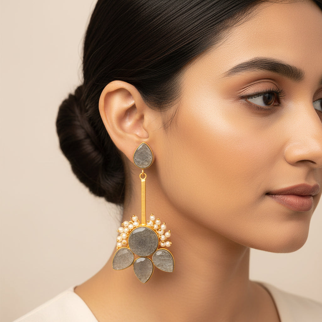 Ziyana- Stone Studded Baby Pearl Dangler Earrings(Gray)
