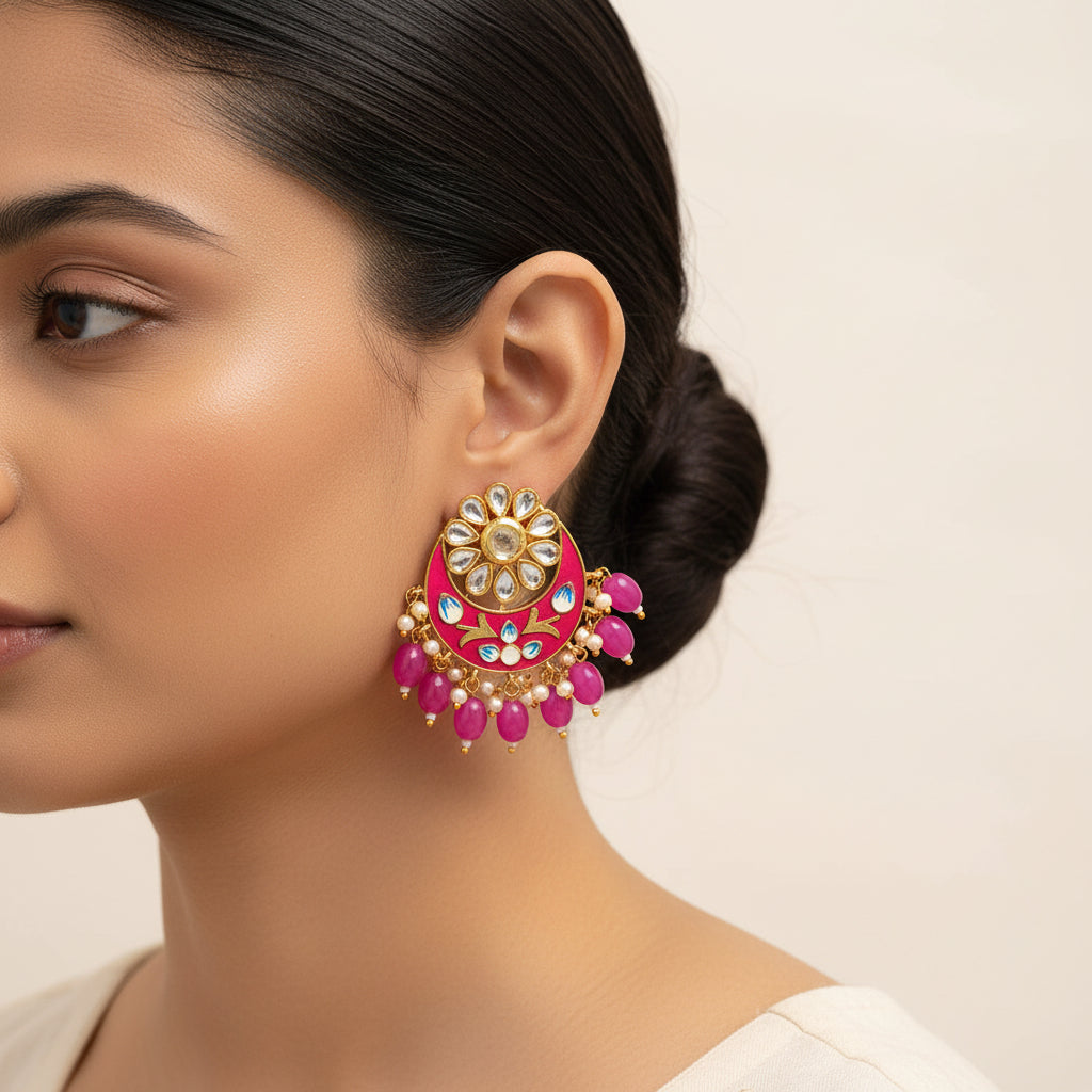 Aarvi- Stone Studded Stud Earrings(Pink)