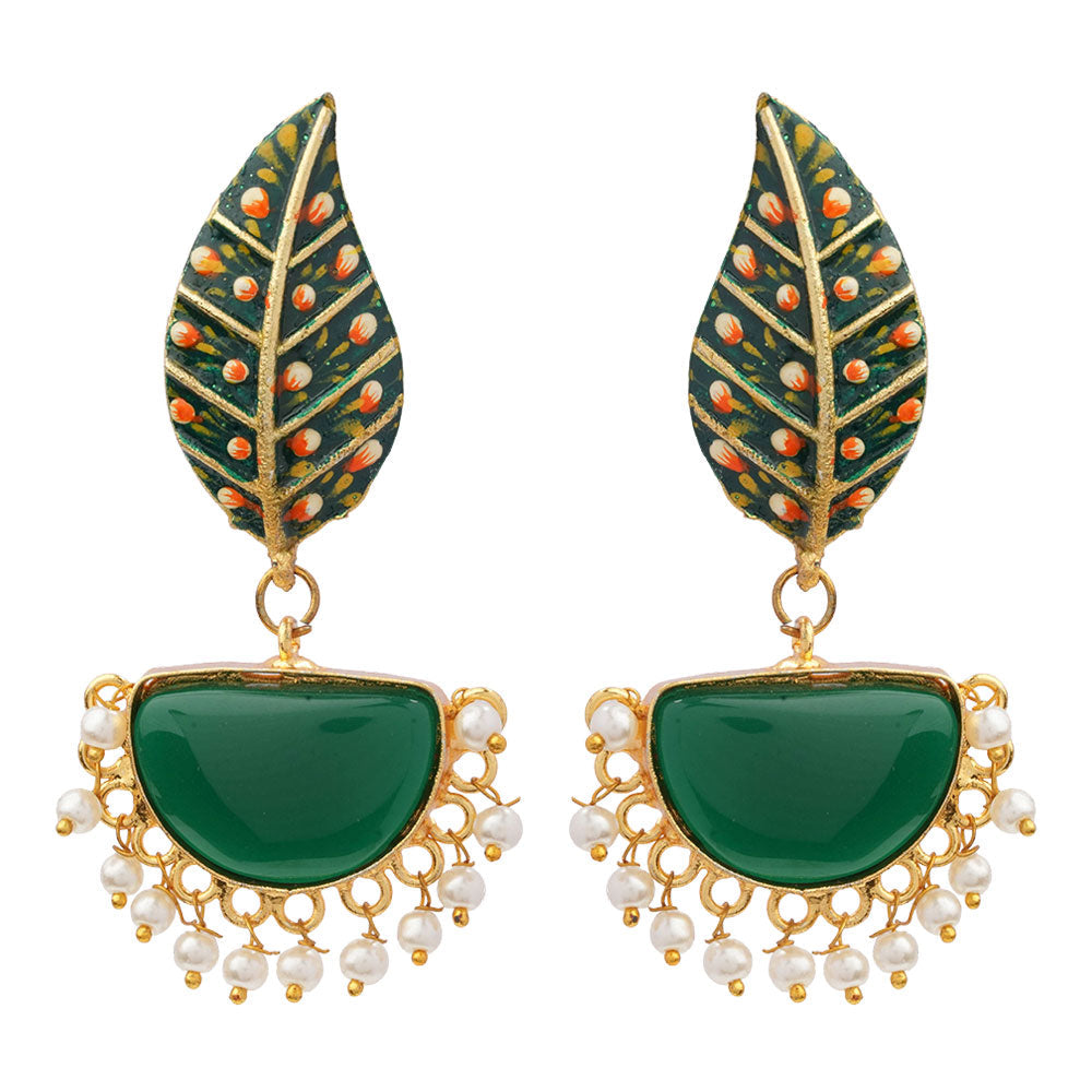 Aashi- Stone Studded Dangler Earrings(Green)