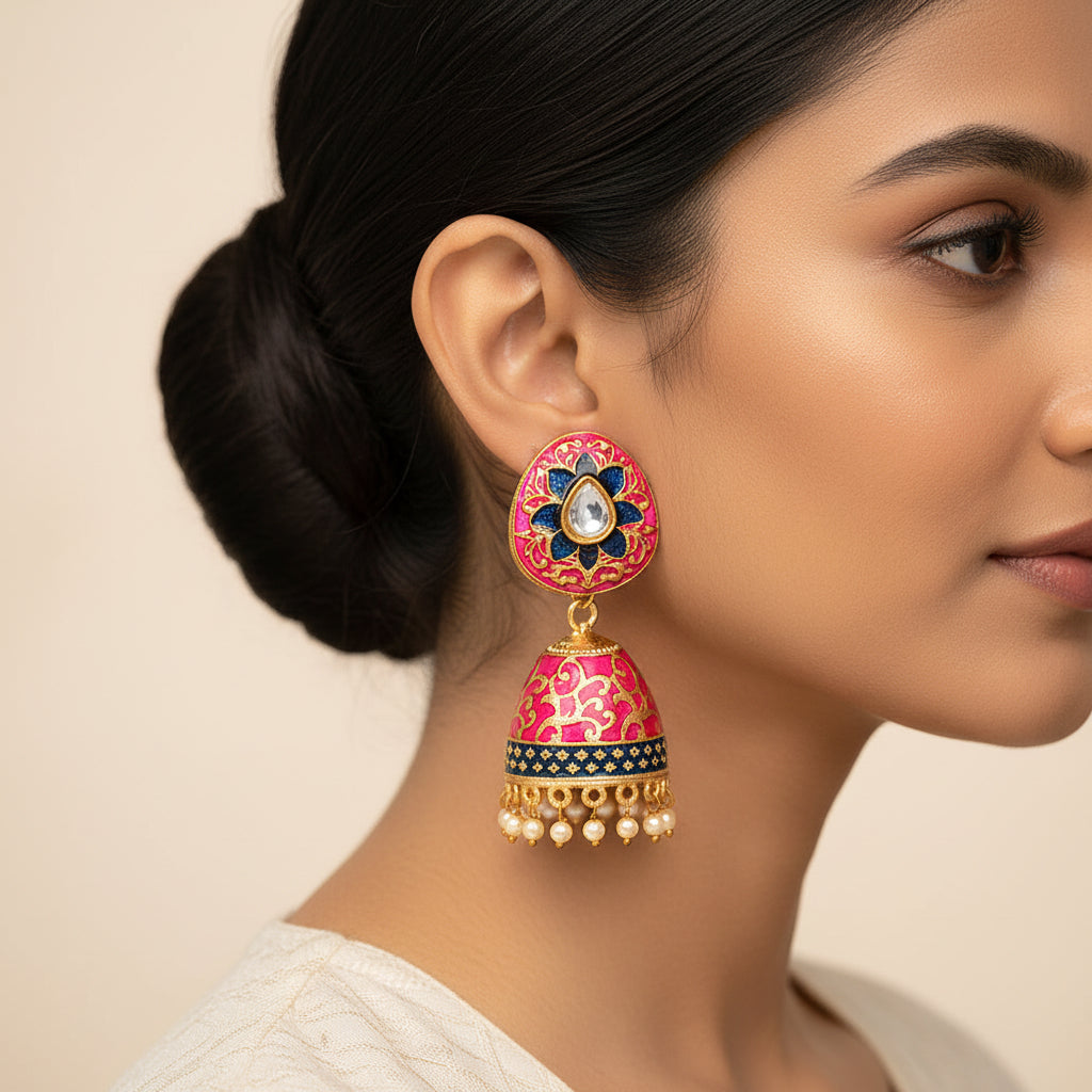 Advika- Stone Studded Hanging Pearls Jhumka Earrings(Red)