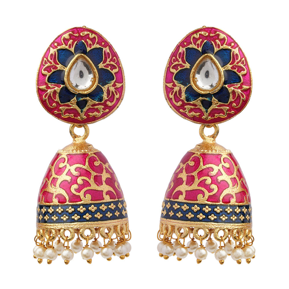 Advika- Stone Studded Hanging Pearls Jhumka Earrings(Red)
