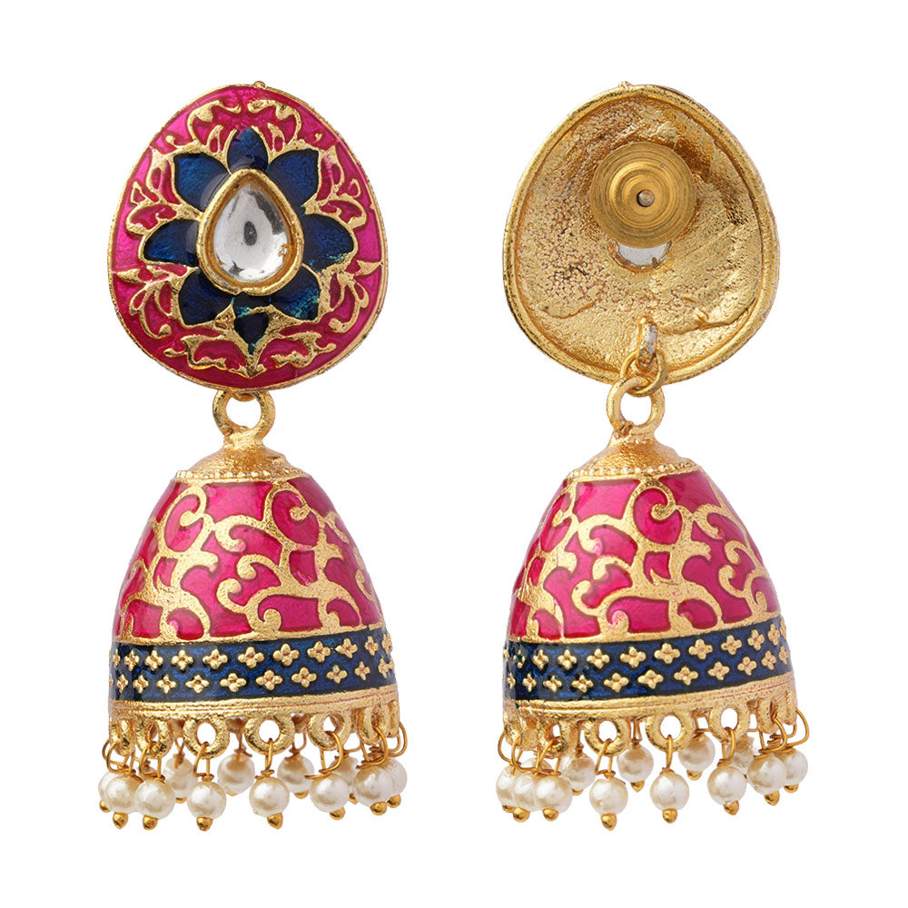 Advika- Stone Studded Hanging Pearls Jhumka Earrings(Red)