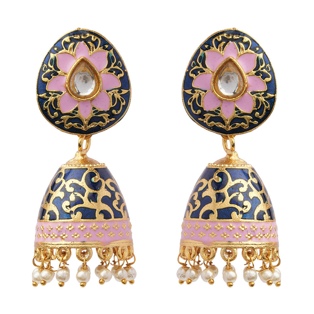 Advika- Stone Studded Hanging Pearls Jhumka Earrings(Blue)