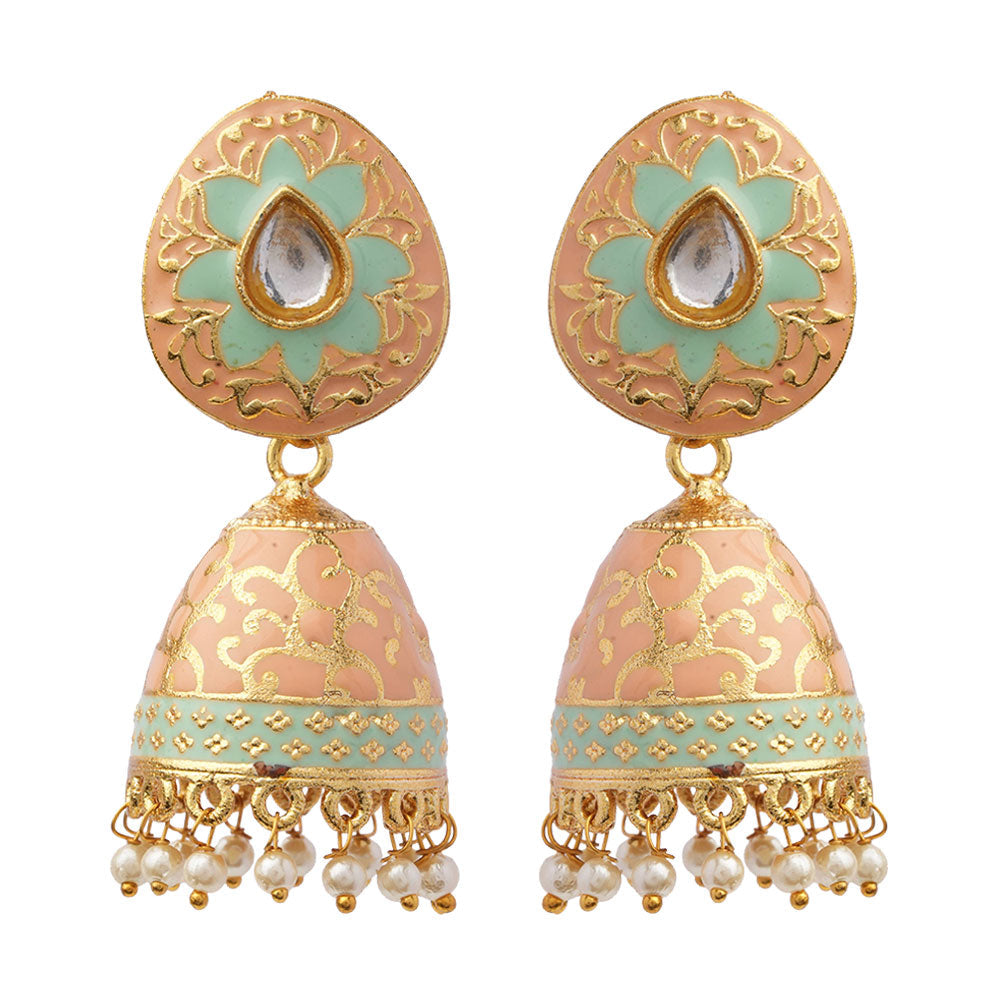 Advika- Stone Studded Hanging Pearls Jhumka Earrings(Peach Puff)