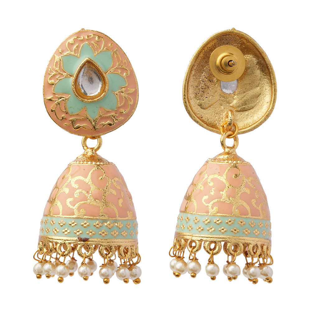 Advika- Stone Studded Hanging Pearls Jhumka Earrings(Peach Puff)