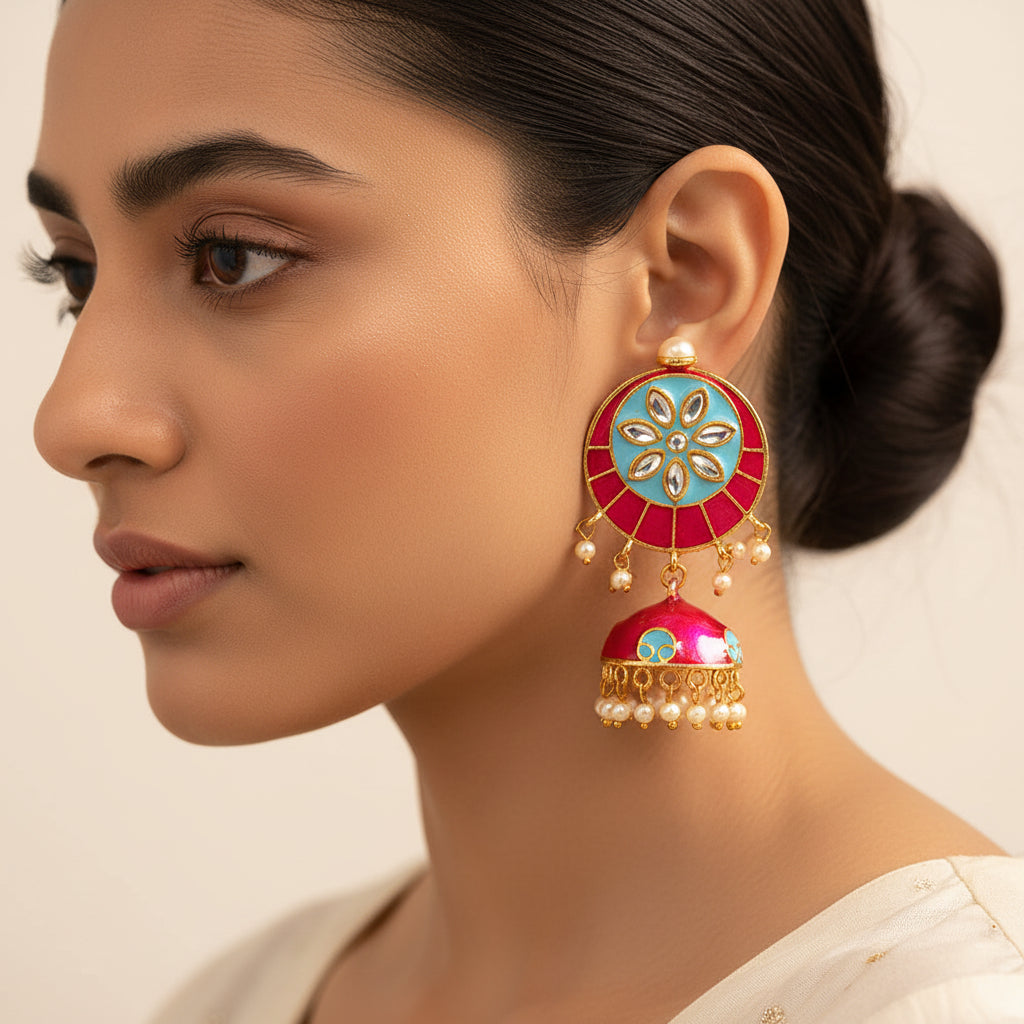 Ahana- Stone Studded Hanging Pearls Jhumka Earrings