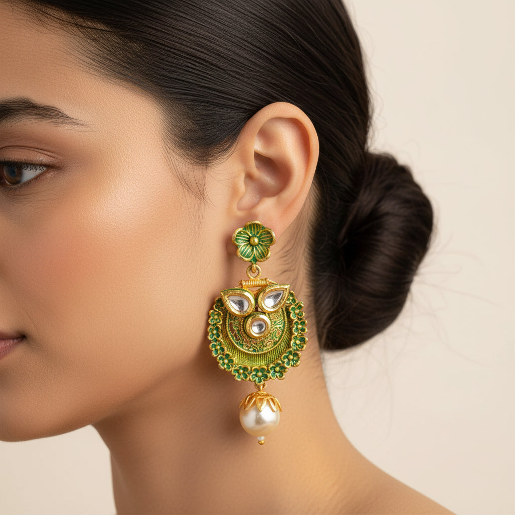 Tanirika- Stone Studded Hanging Pearl Dangler Earrings(Green)