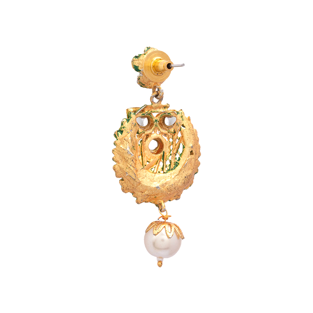 Tanirika- Stone Studded Hanging Pearl Dangler Earrings(Green)