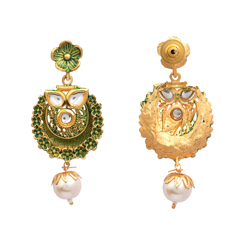 Tanirika- Stone Studded Hanging Pearl Dangler Earrings(Green)