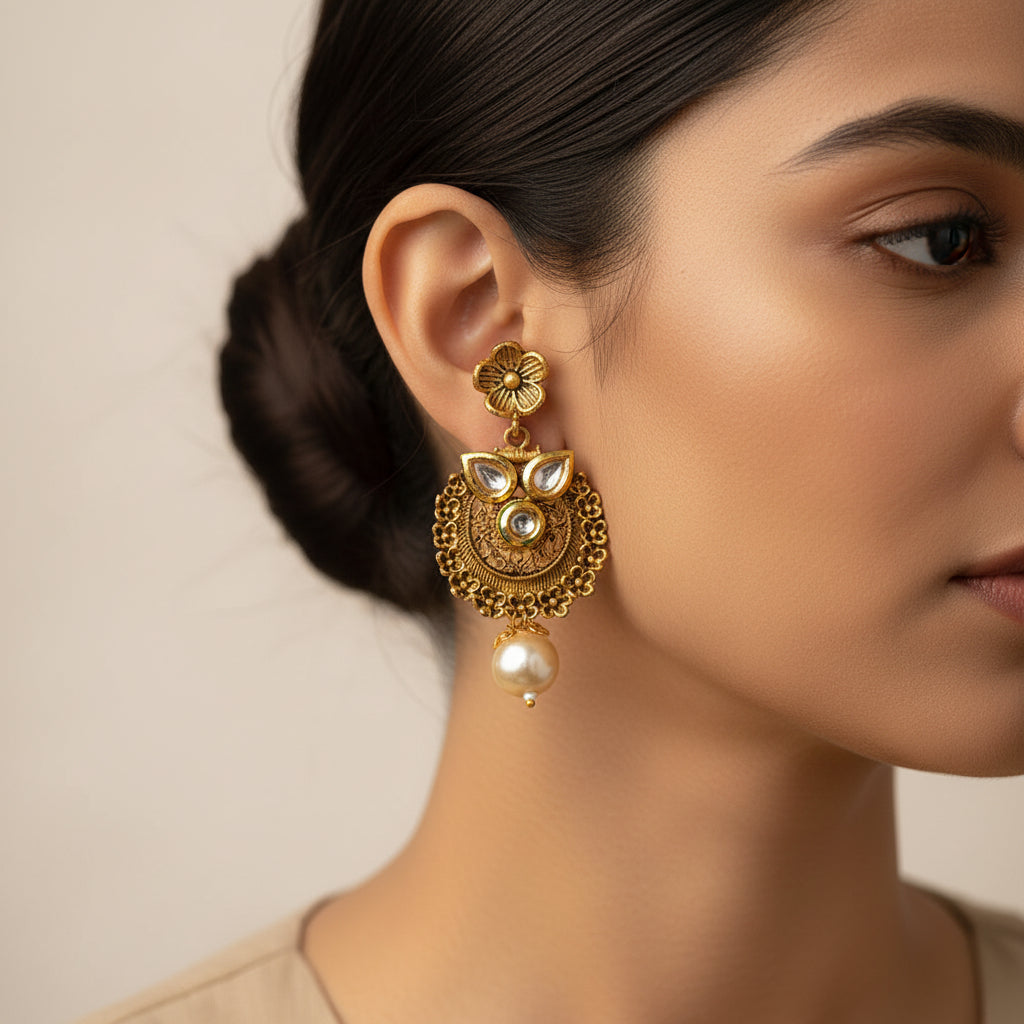 Tanirika- Stone Studded Hanging Pearl Dangler Earrings(White)