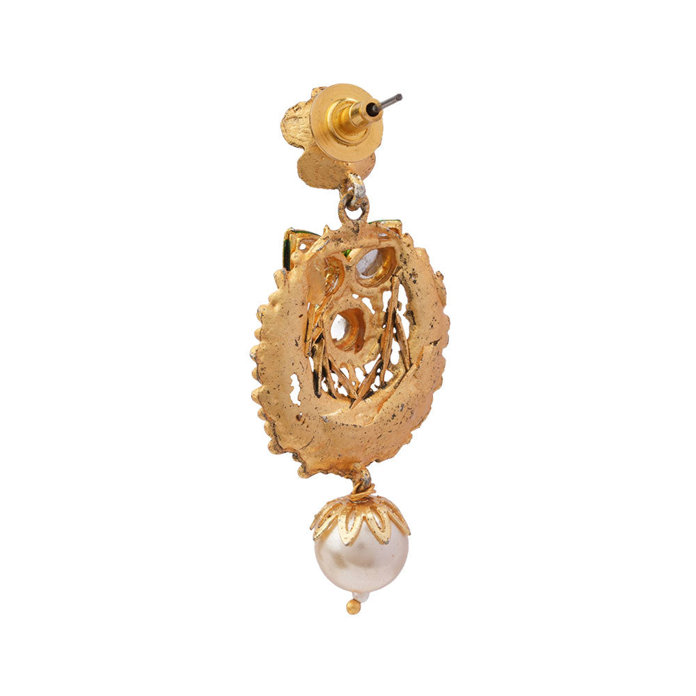 Tanirika- Stone Studded Hanging Pearl Dangler Earrings(White)