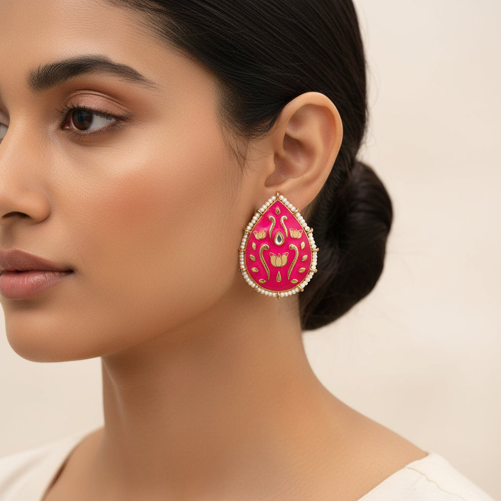 Alaya- Pearl Framed Drop Shaped Stud Earrings(Red)