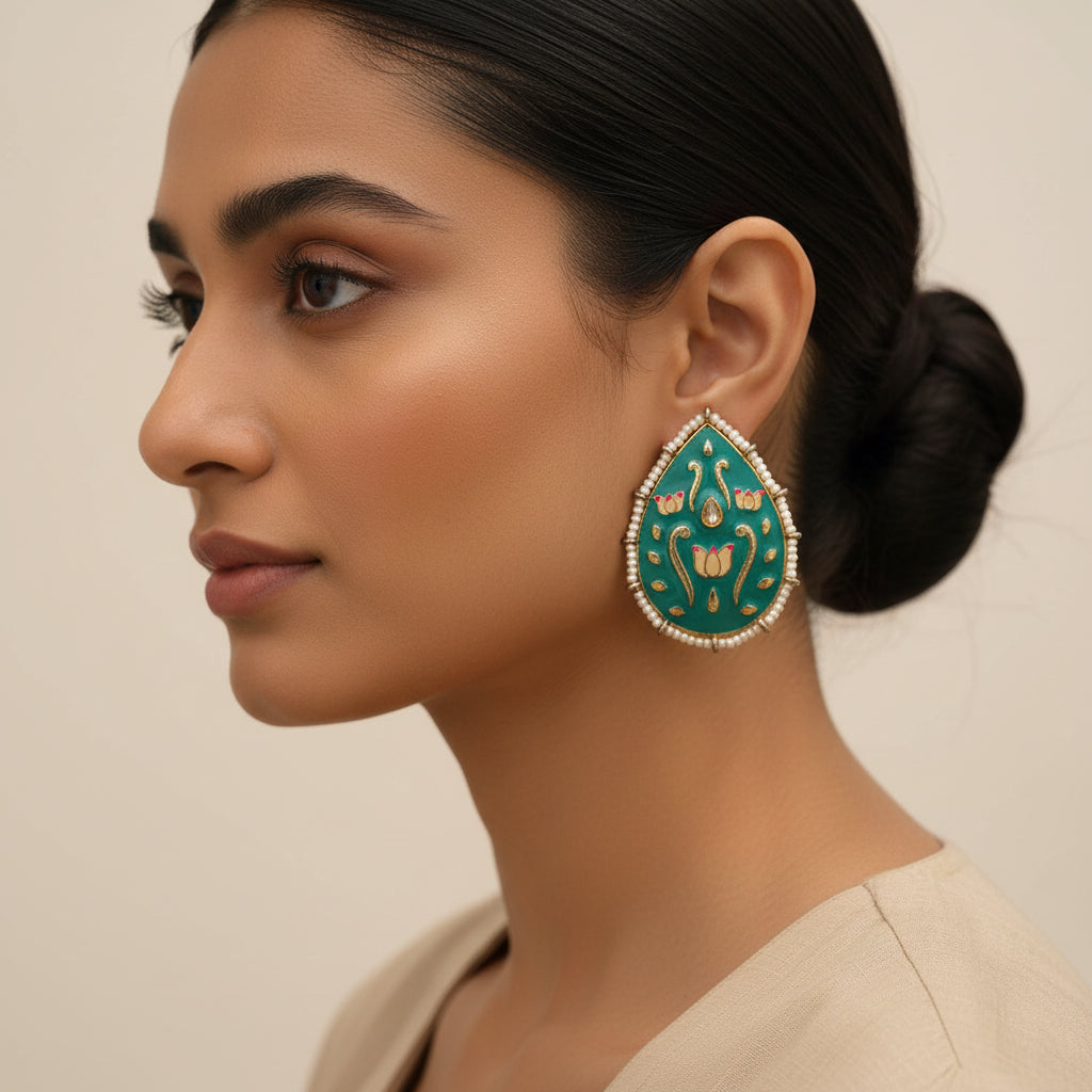 Alaya- Pearl Framed Drop Shaped Stud Earrings(Green)