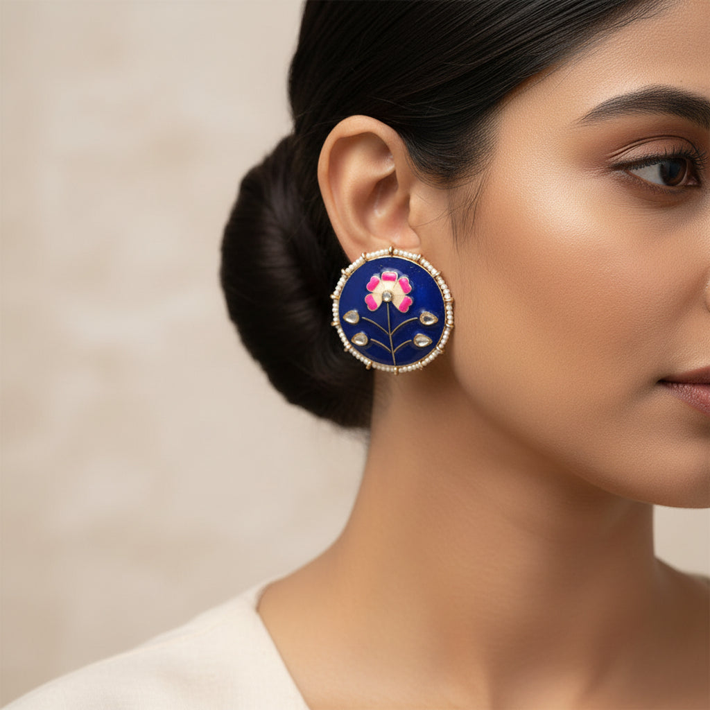 Anahita- Stone Studded Pearl Framed Stud Earrings(Blue)