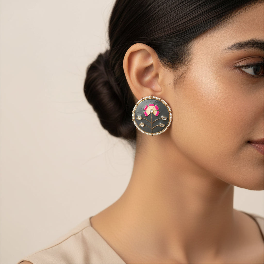Anahita- Stone Studded Pearl Framed Stud Earrings(Gray)