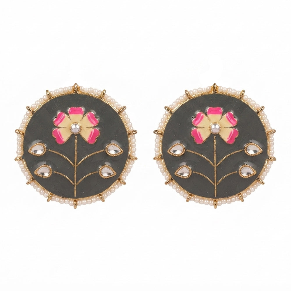 Anahita- Stone Studded Pearl Framed Stud Earrings(Gray)