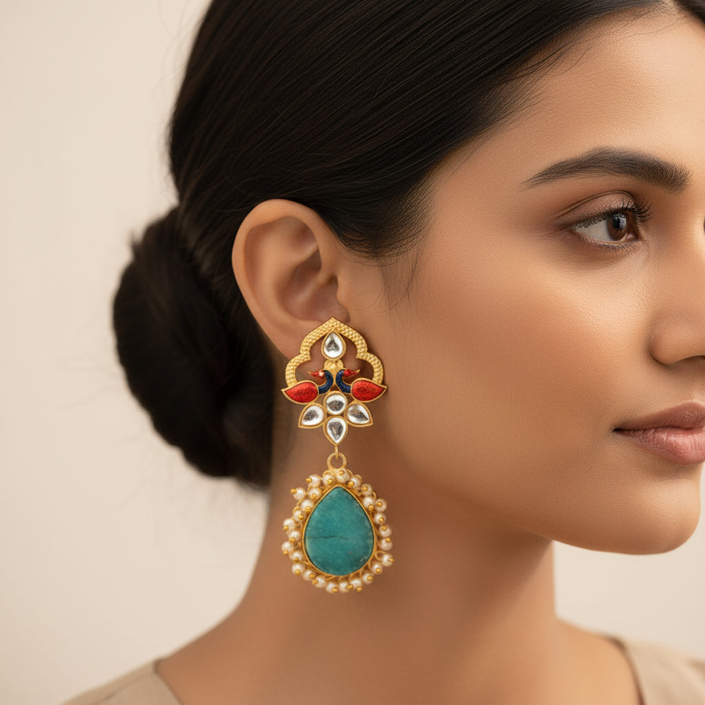 Anvi- Stone Studded Pearl Framed Dangler Earring(Blue)