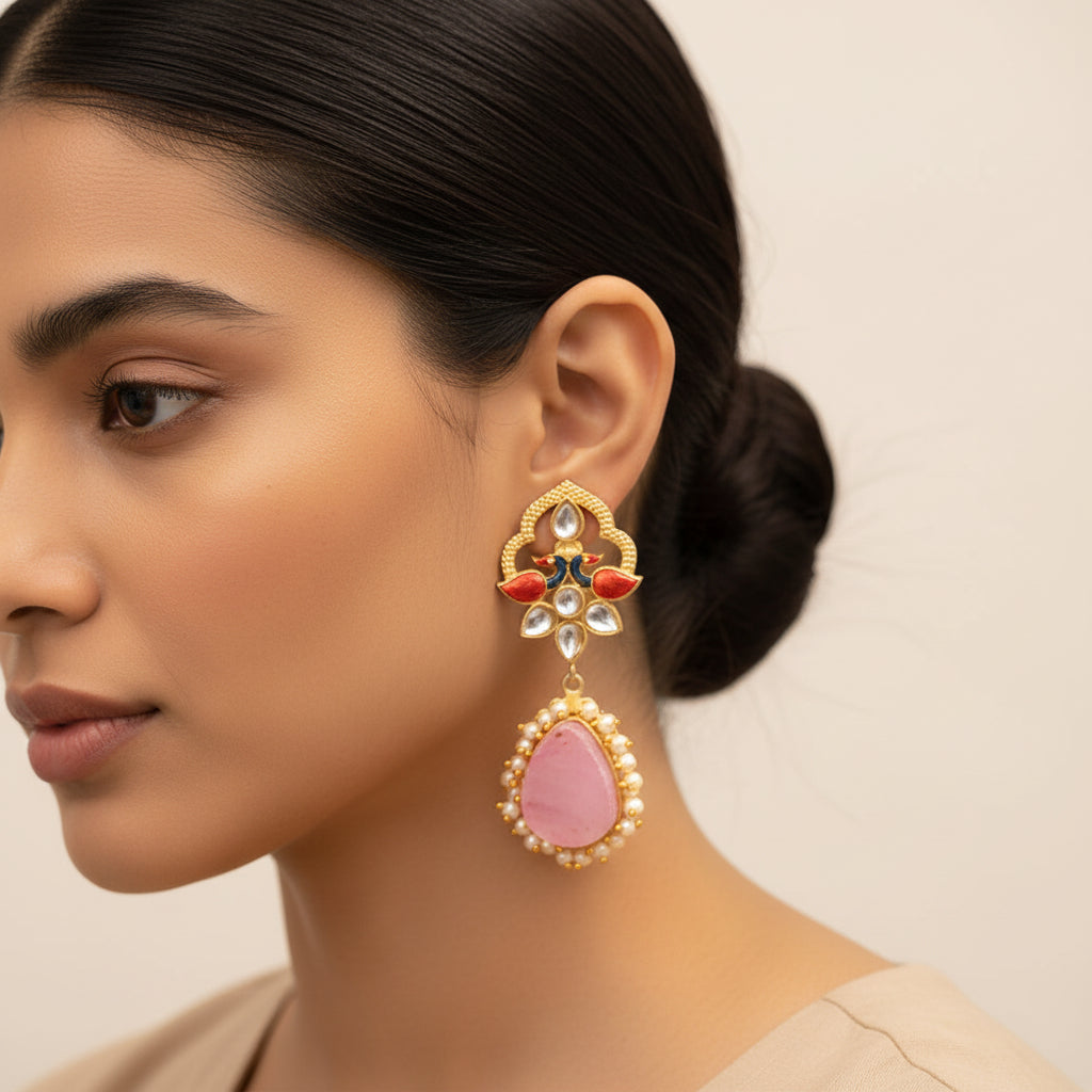 Anvi- Stone Studded Pearl Framed Dangler Earring(Pink)