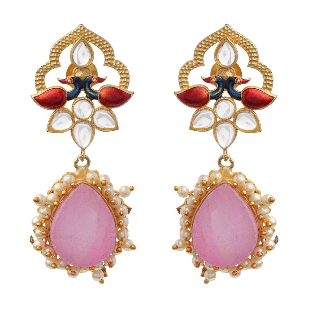 Anvi- Stone Studded Pearl Framed Dangler Earring(Pink)