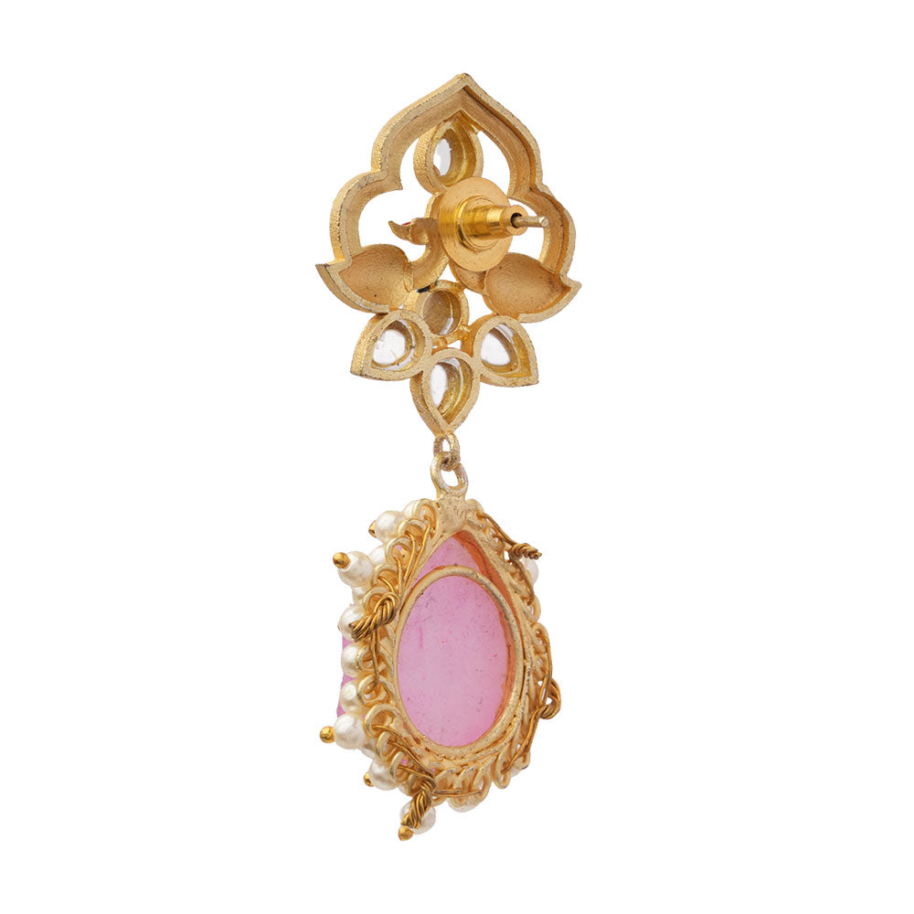 Anvi- Stone Studded Pearl Framed Dangler Earring(Pink)