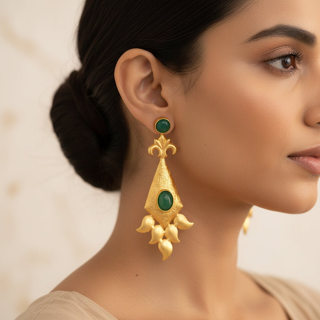 Ashvi- Stone Studded Dangler Earrings(Green)