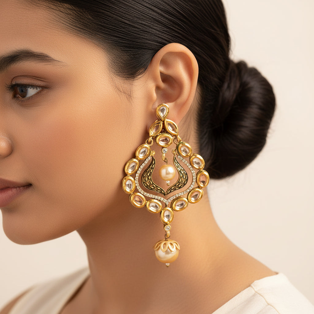 Chitra- Stone Studded Hanging Pearl Dangler Earrings