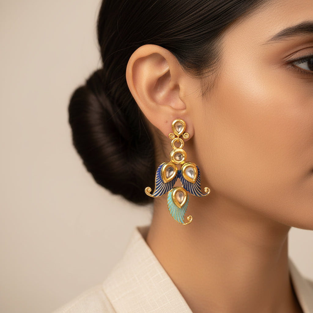Dia- Stone Studded Hanging Pearl Dangler Earrings (Multicolored)