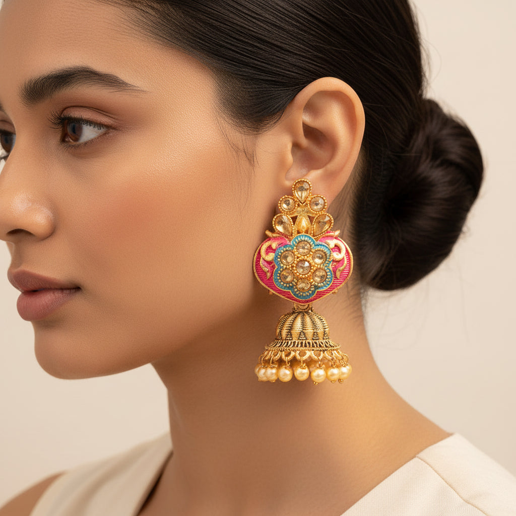 Divya- Stone Studded Hanging Pearl Jhumka Earrings (Red)