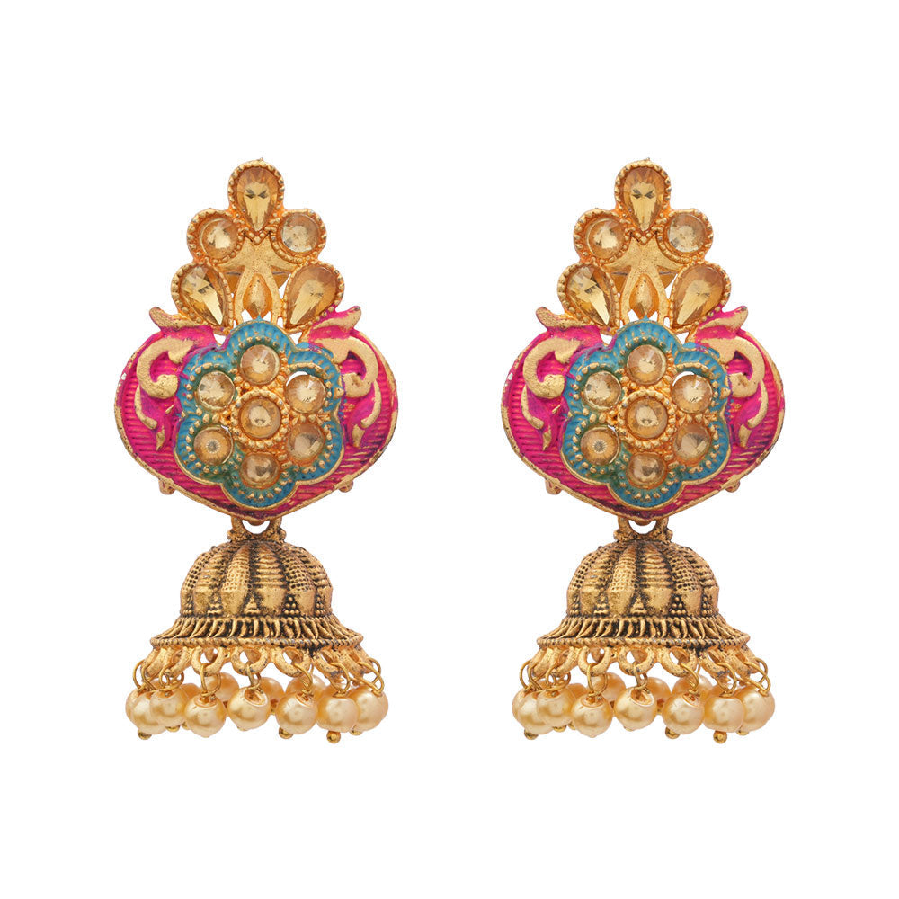 Divya- Stone Studded Hanging Pearl Jhumka Earrings (Red)