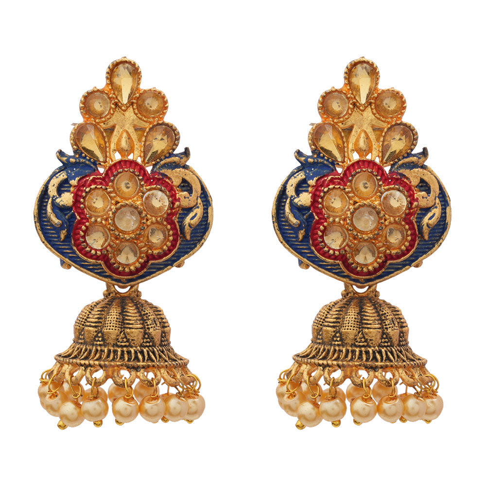 Divya- Stone Studded Hanging Pearl Jhumka Earrings (Blue)