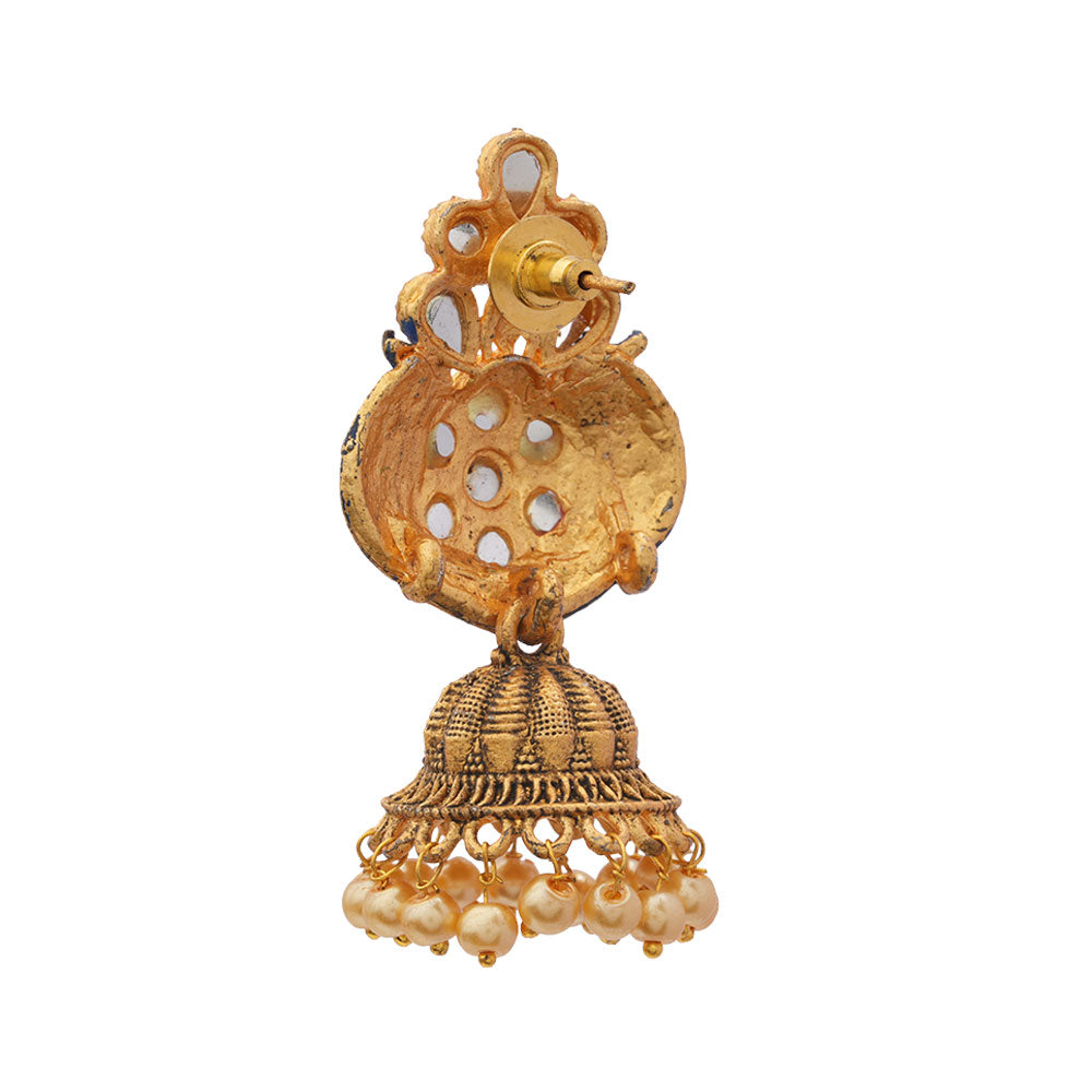 Divya- Stone Studded Hanging Pearl Jhumka Earrings (Blue)