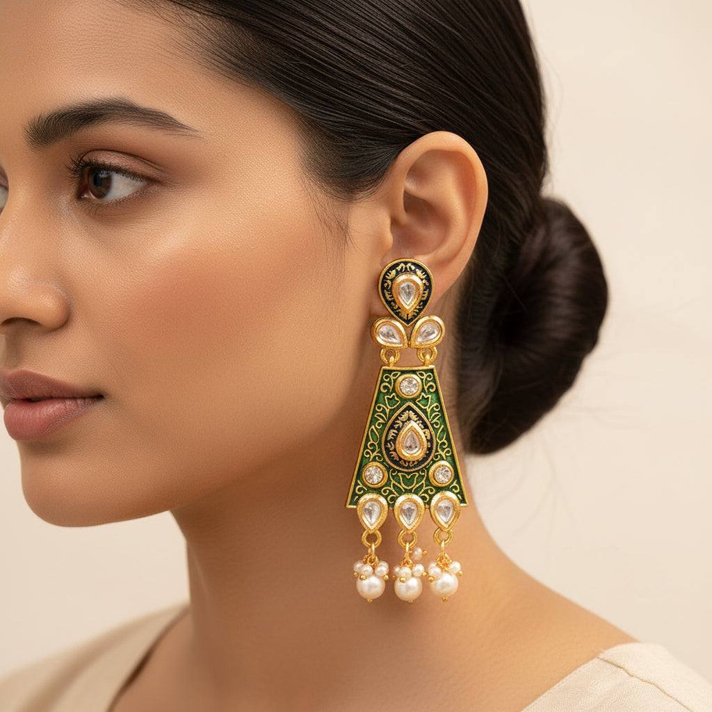 Eesha- Stone Studded Hanging Pearl Dangler Earrings