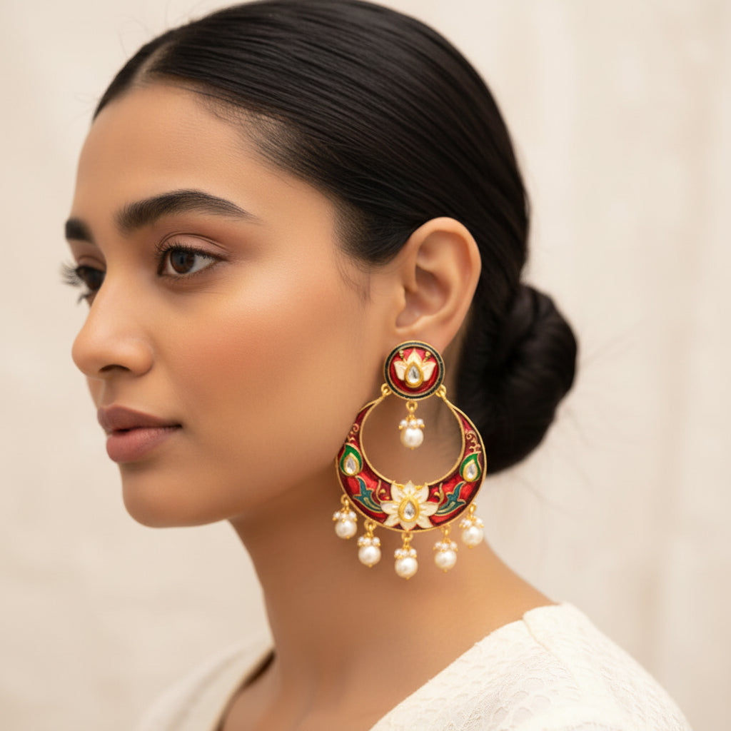 Elina – Stone-Studded Hanging Pearl Dangler Earrings