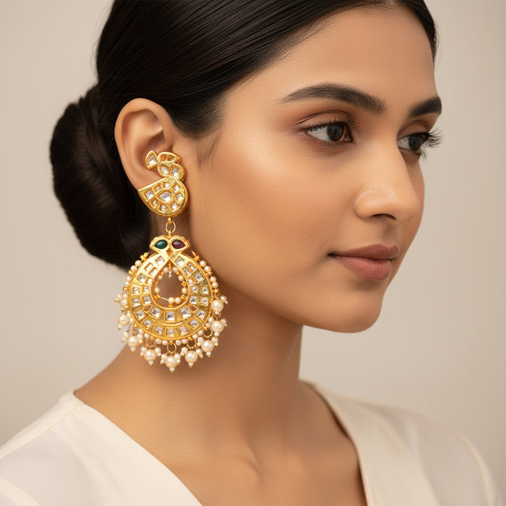 Falak- Stone Studded Hanging Pearl Dangler Earrings
