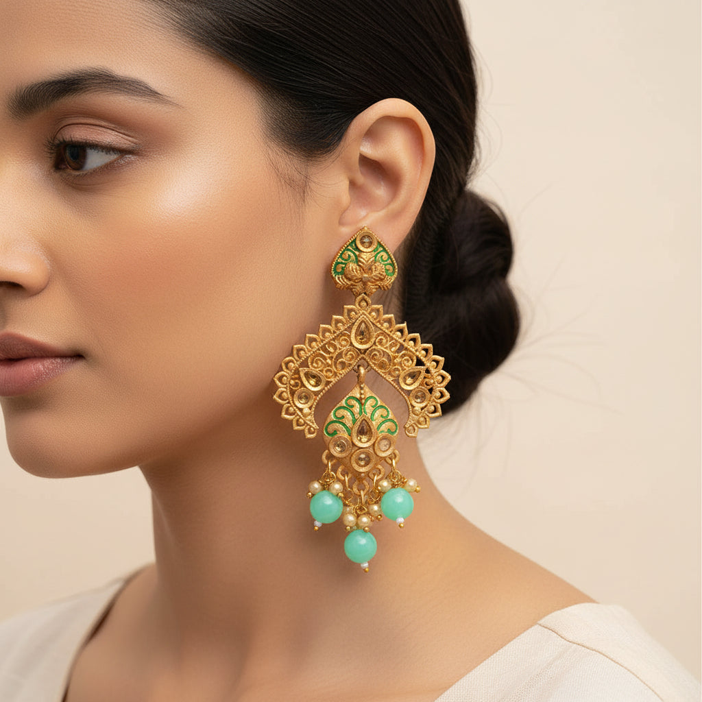 Gauri- Stone Studded Hanging Pearl Dangler Earrings