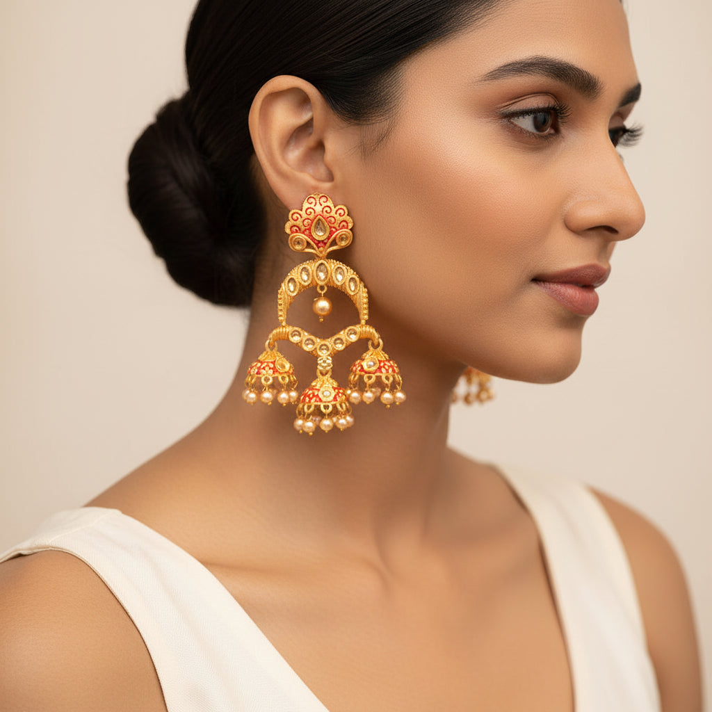 Hamsika- Stone Studded Hanging Pearl Dangler Earrings(Red)