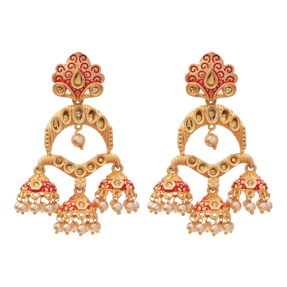 Hamsika- Stone Studded Hanging Pearl Dangler Earrings(Red)