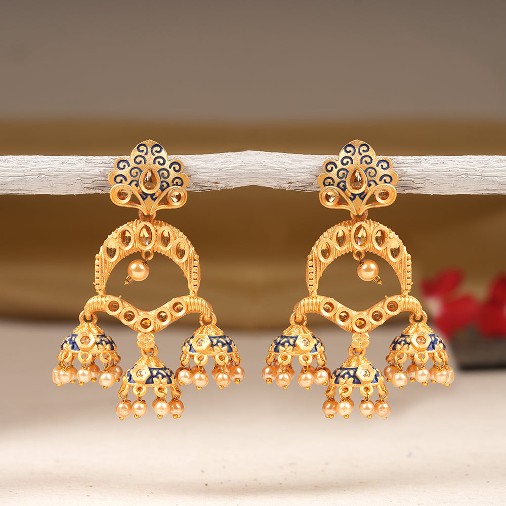 Hamsika- Stone Studded Hanging Pearl Jhumki Earrings(Blue)