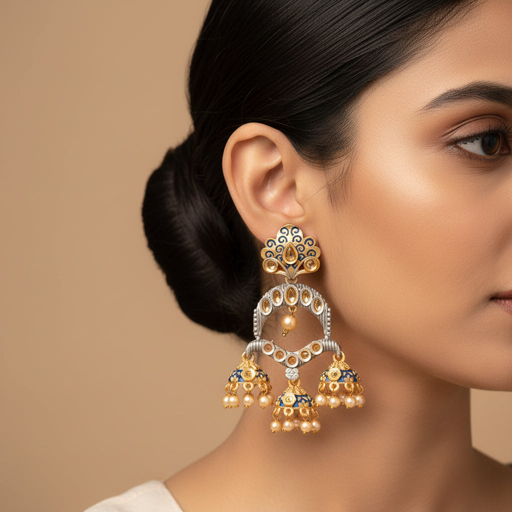 Hamsika- Stone Studded Hanging Pearl Jhumki Earrings(Blue)