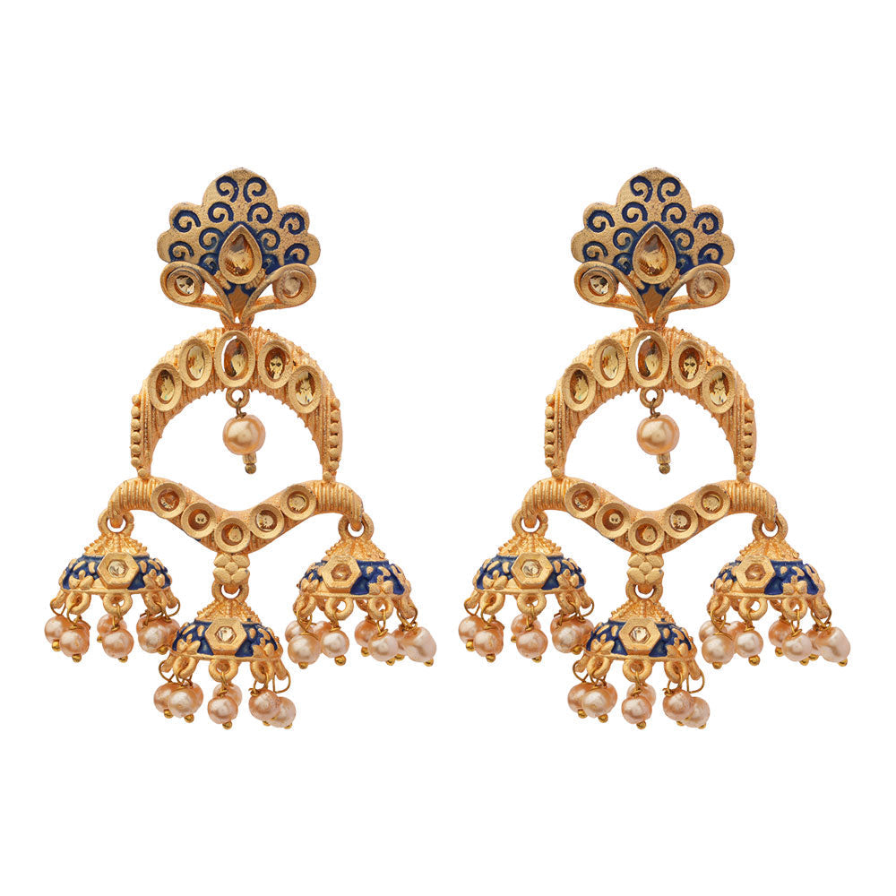 Hamsika- Stone Studded Hanging Pearl Jhumki Earrings(Blue)