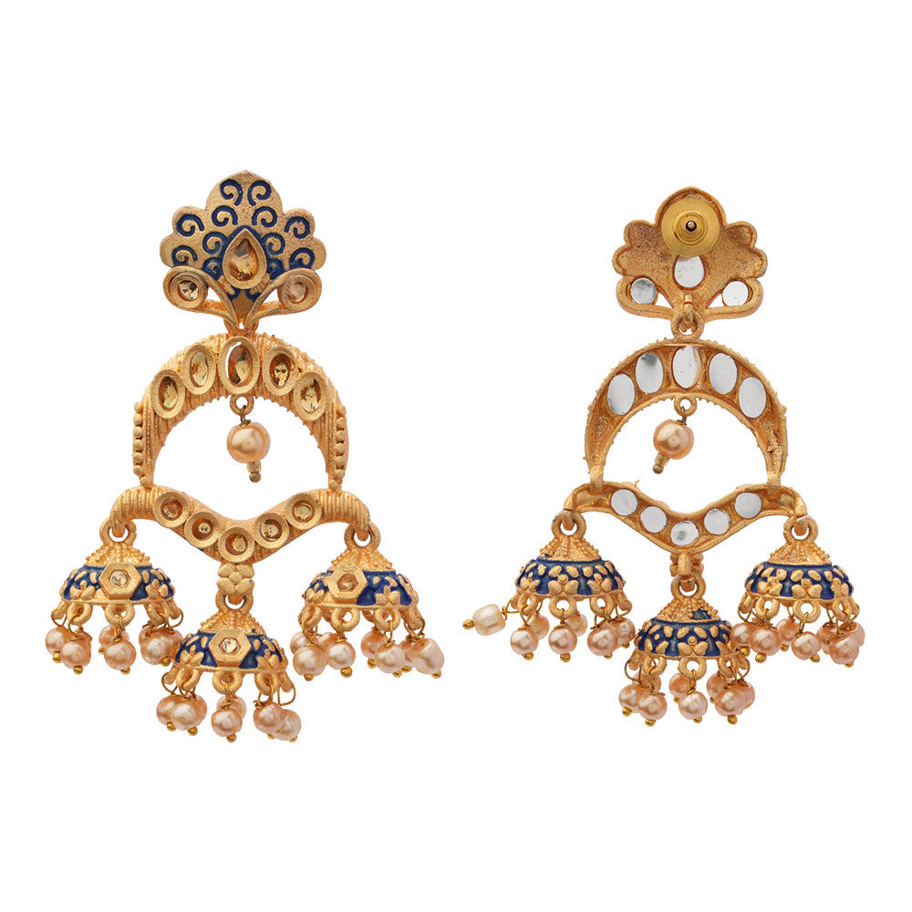Hamsika- Stone Studded Hanging Pearl Jhumki Earrings(Blue)