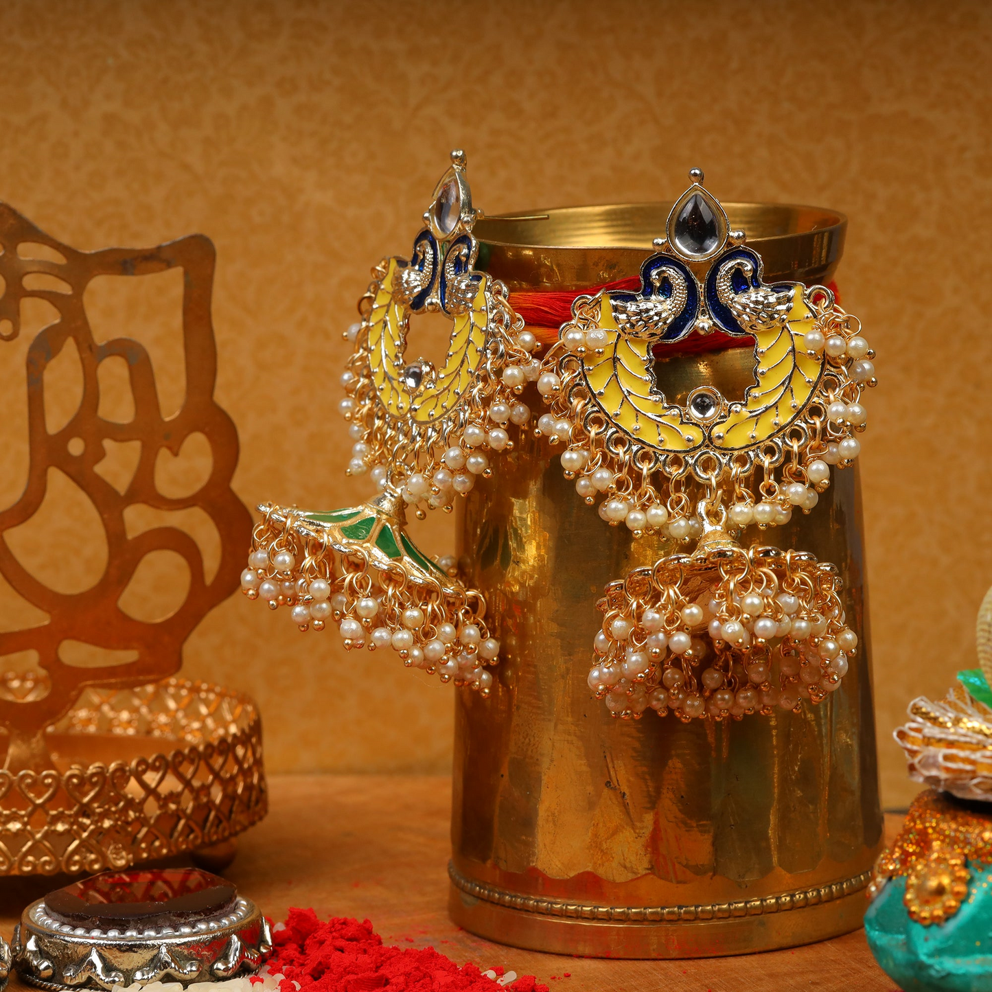 Hansini- Stone Studded Hanging Pearl Jhumki Earrings(Multicolored)